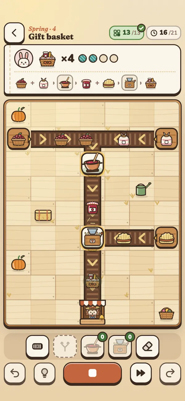 Spring recipe 4, Gift basket: belts carry jam jars and baked goods across a wooden barn floor into machines that pack four gift baskets for the farm stand.