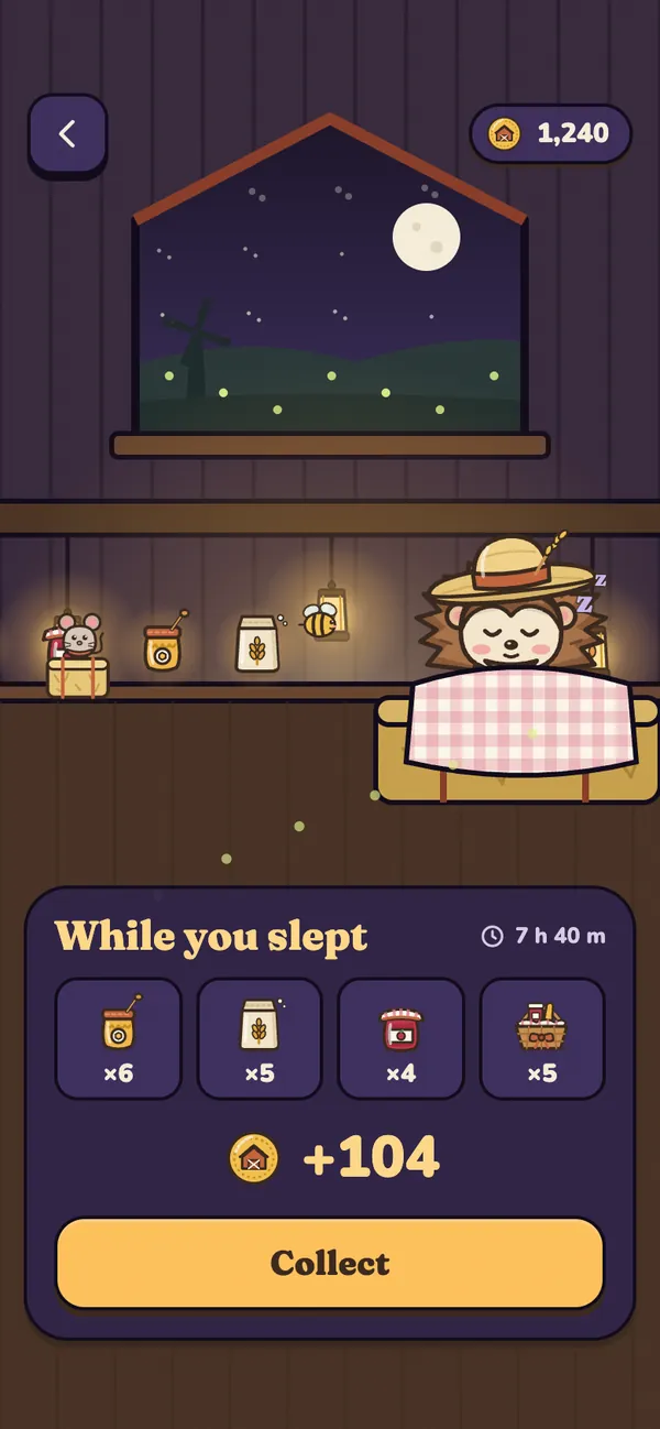 The barn at night: Hank naps by the window under the moon, and a While you slept card shows the goods made overnight and 104 coins to collect.
