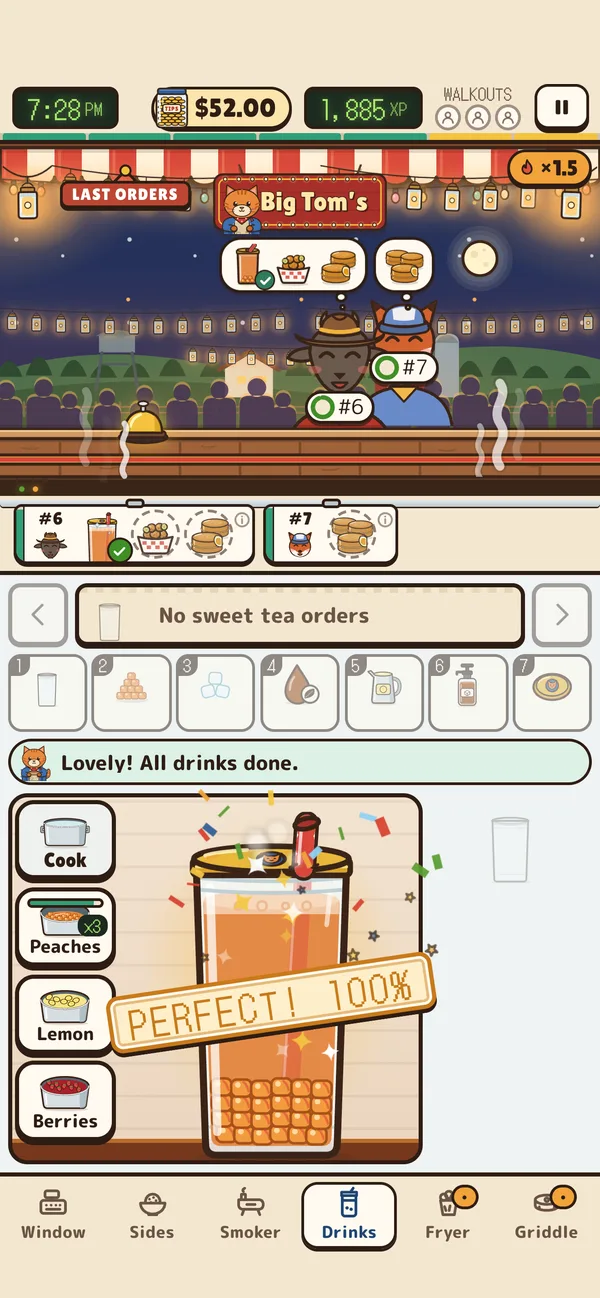 The drinks bar: a jar of peach sweet tea with a straw, stamped PERFECT 100%.