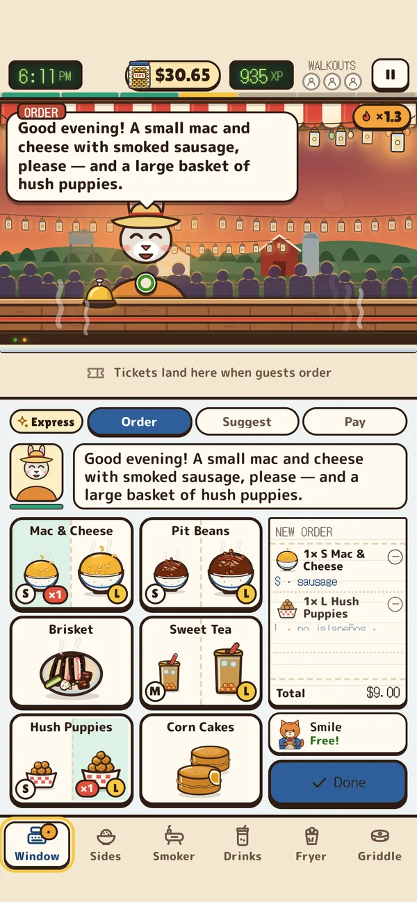 The order window: a guest asks for mac and cheese with smoked sausage and a large basket of hush puppies.