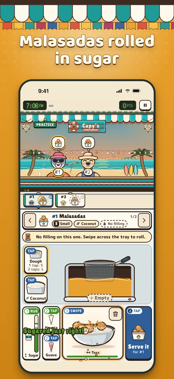 The malasada station: warm malasadas rolled in sugar.