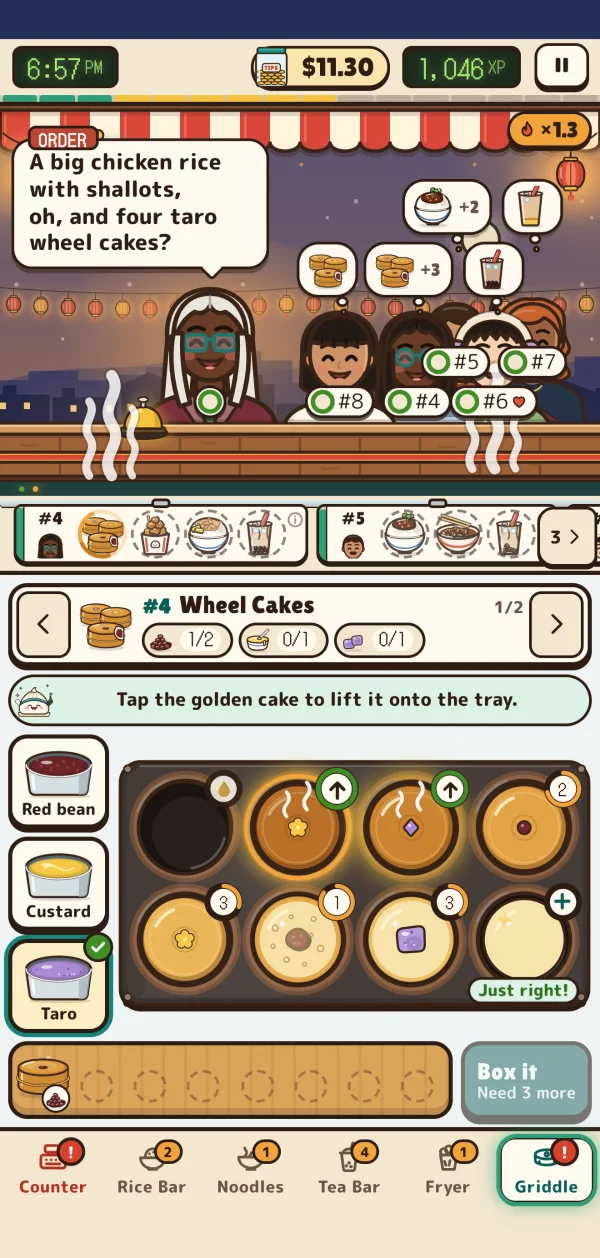 The Griddle: a guest wants chicken rice and four taro wheel cakes, and a row of wheel cakes cooks in their molds with red bean, custard and taro fillings beside them.