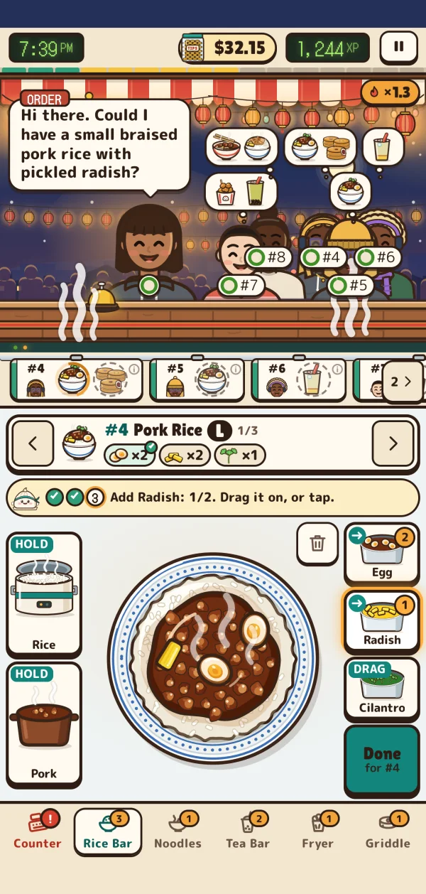 A night at the stall: a guest at the counter asks for a small braised pork rice with pickled radish, and LuLu’s bowl of pork rice with eggs sits ready at the Rice Bar for the radish.