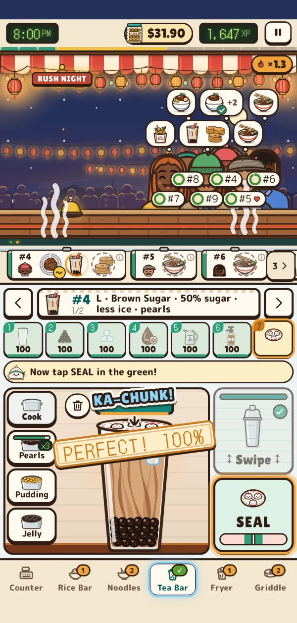 The Tea Bar during a rush: a brown sugar milk tea with pearls sealed with a KA-CHUNK and stamped PERFECT, 100%.
