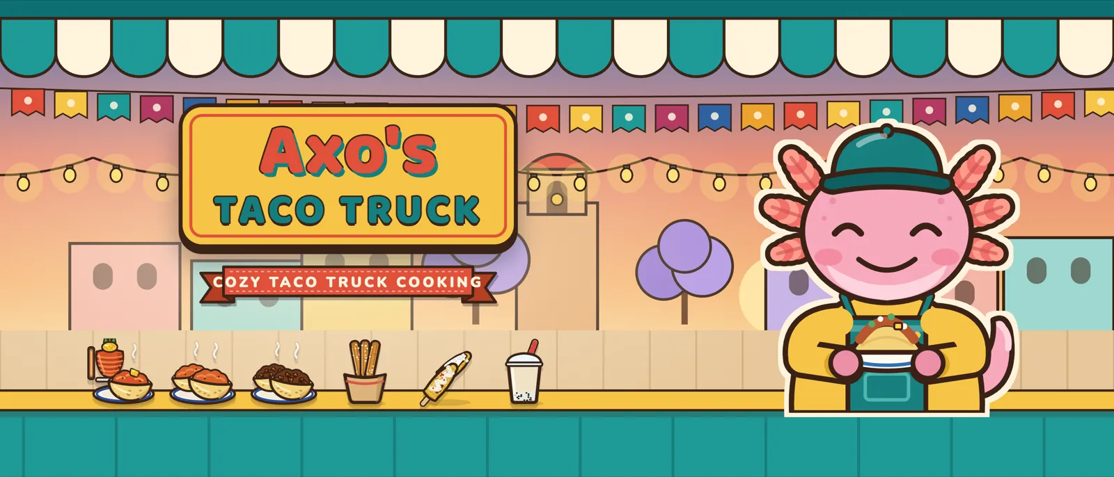 The Axo’s Taco Truck header art: Axo the axolotl holding a taco in a town plaza, with al pastor, tacos, churros, elote and an agua fresca.