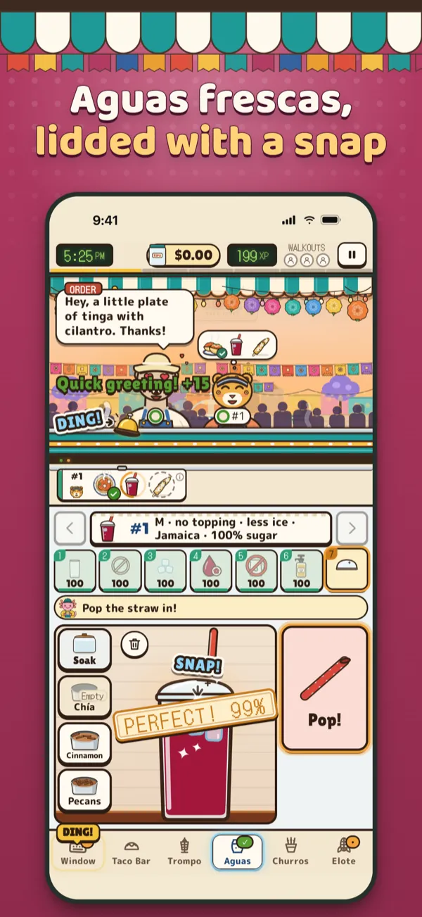 Axo’s Taco Truck App Store screenshot: Aguas frescas, lidded with a snap