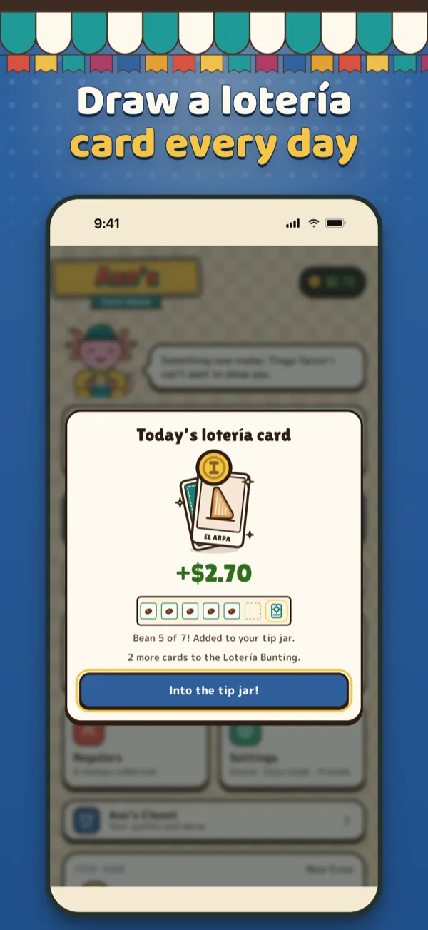 Axo’s Taco Truck App Store screenshot: Draw a lotería card every day