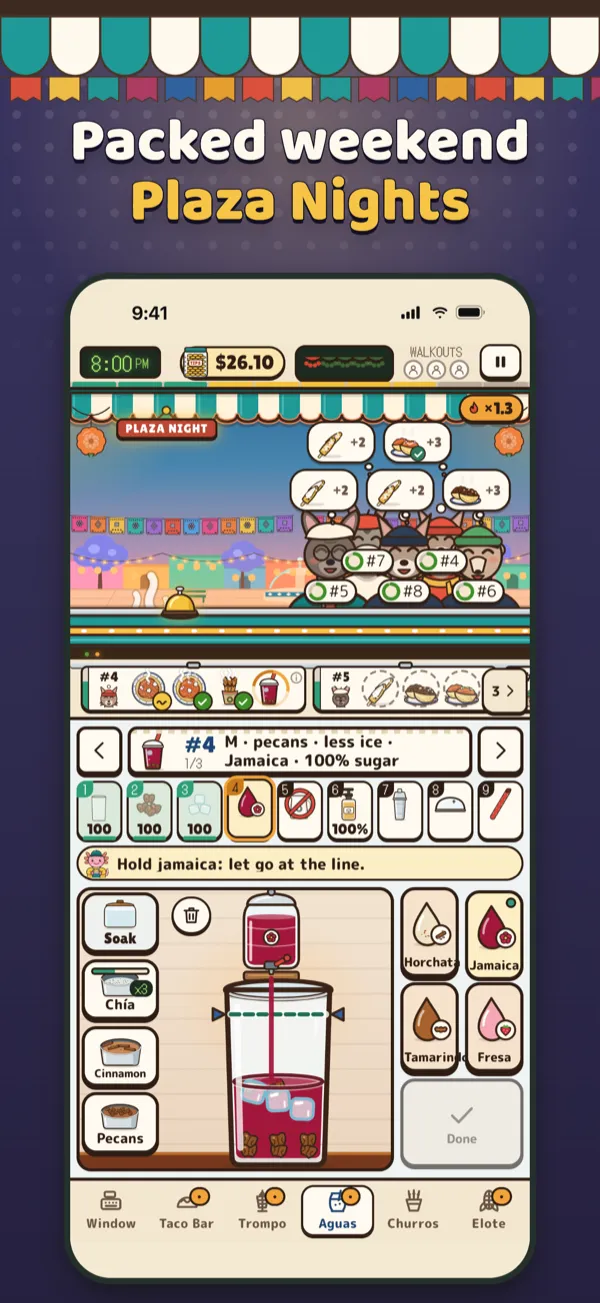 Axo’s Taco Truck App Store screenshot: Packed weekend Plaza Nights