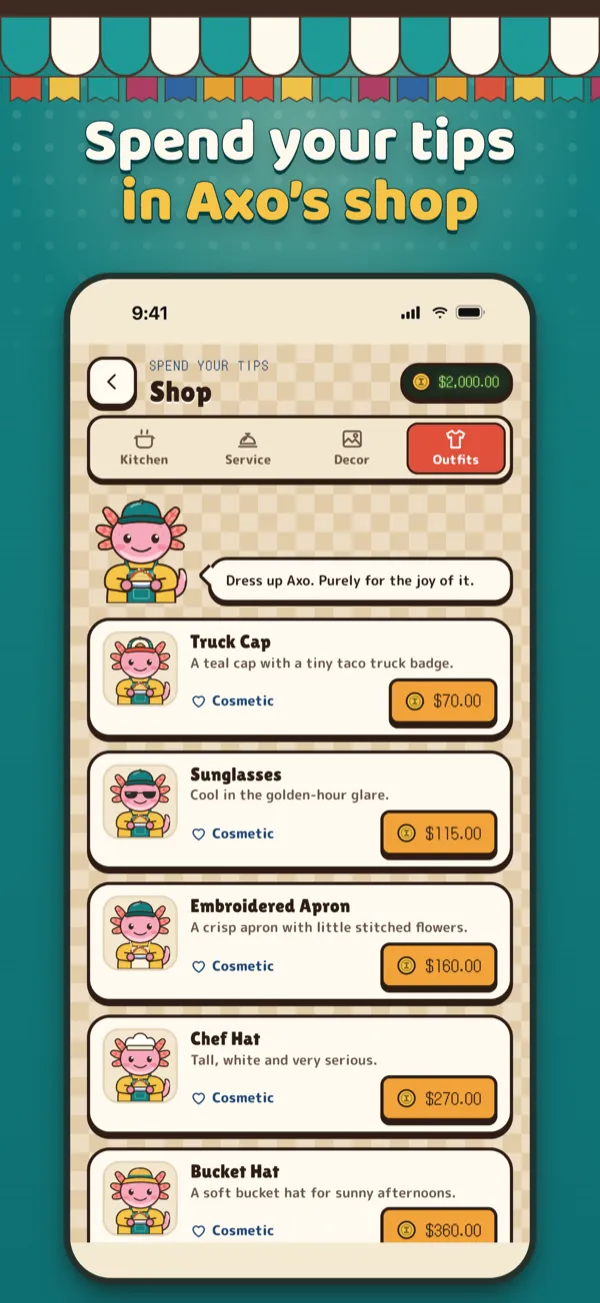 Axo’s Taco Truck App Store screenshot: Spend your tips in Axo’s shop