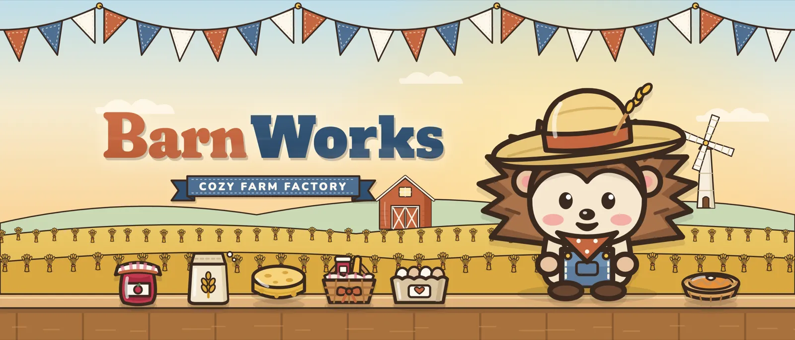 The BarnWorks header art: Hank the hedgehog in a straw hat in front of a barn and wheat fields, with jam, flour, cheese, a gift basket and eggs.