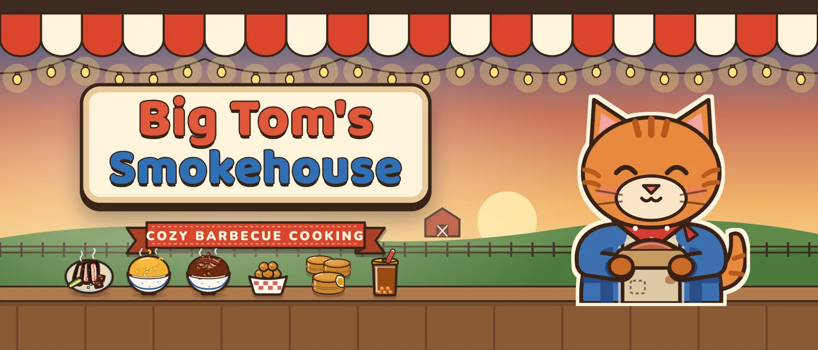 The Big Tom’s header art: Big Tom, a ginger cat, on the porch at sunset with brisket, mac and cheese, pit beans, hush puppies, corn cakes and sweet tea.