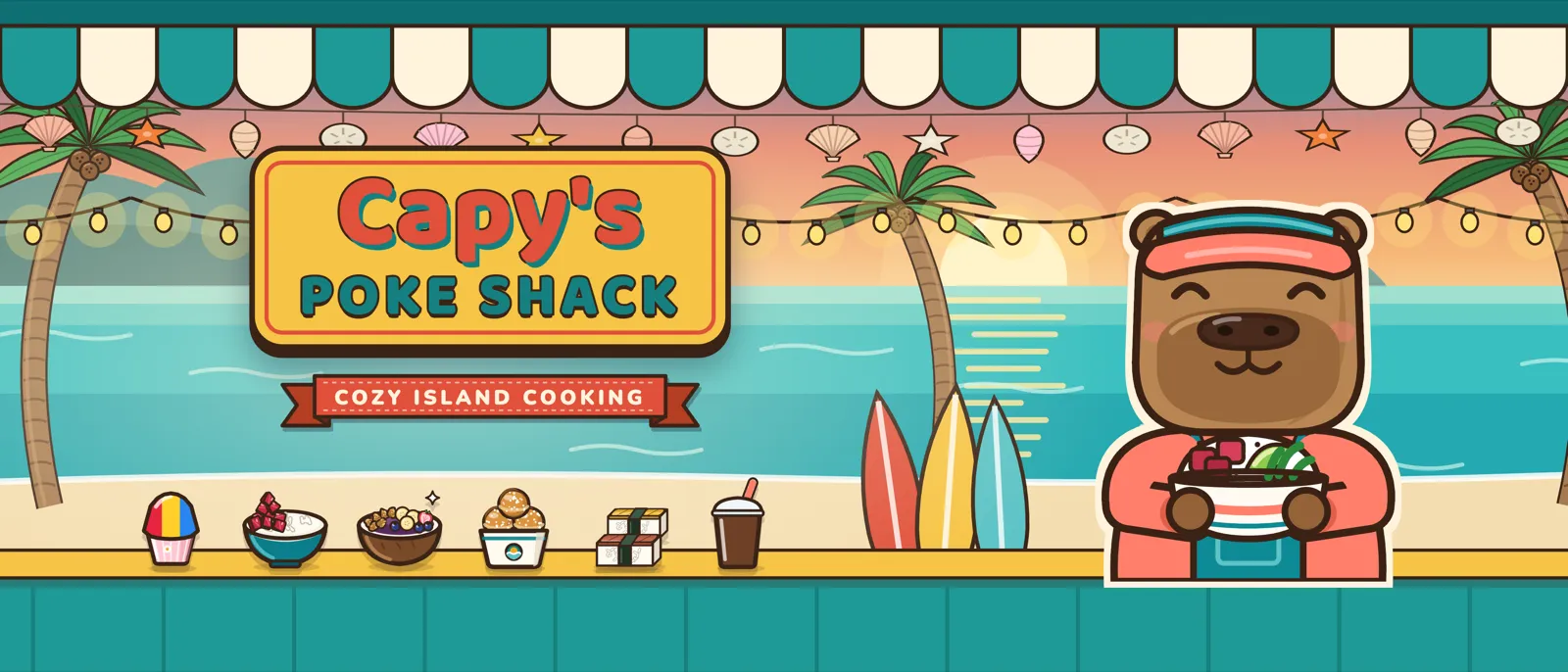 The Capy’s Poke Shack header art: Capy the capybara holding a poke bowl on a beach, with shave ice, açaí bowls, malasadas, musubi and an iced coffee.