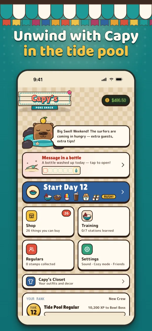 Capy’s Poke Shack App Store screenshot: Unwind with Capy in the tide pool