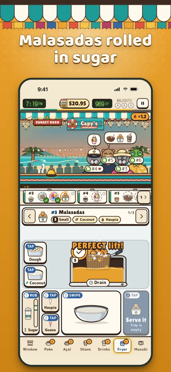 Capy’s Poke Shack App Store screenshot: Malasadas rolled in sugar