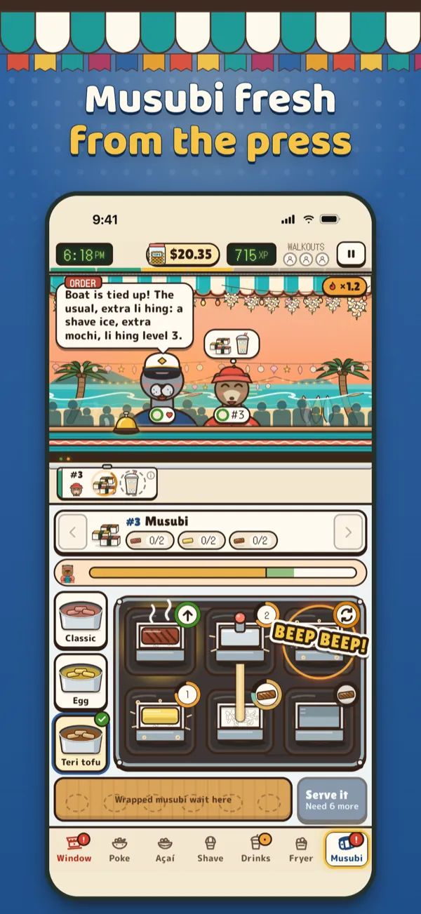 Capy’s Poke Shack App Store screenshot: Musubi fresh from the press