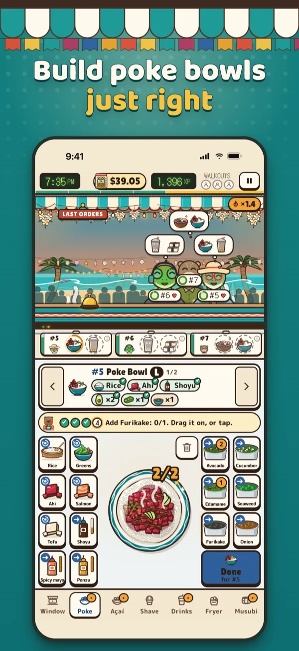 Capy’s Poke Shack App Store screenshot: Build poke bowls just right