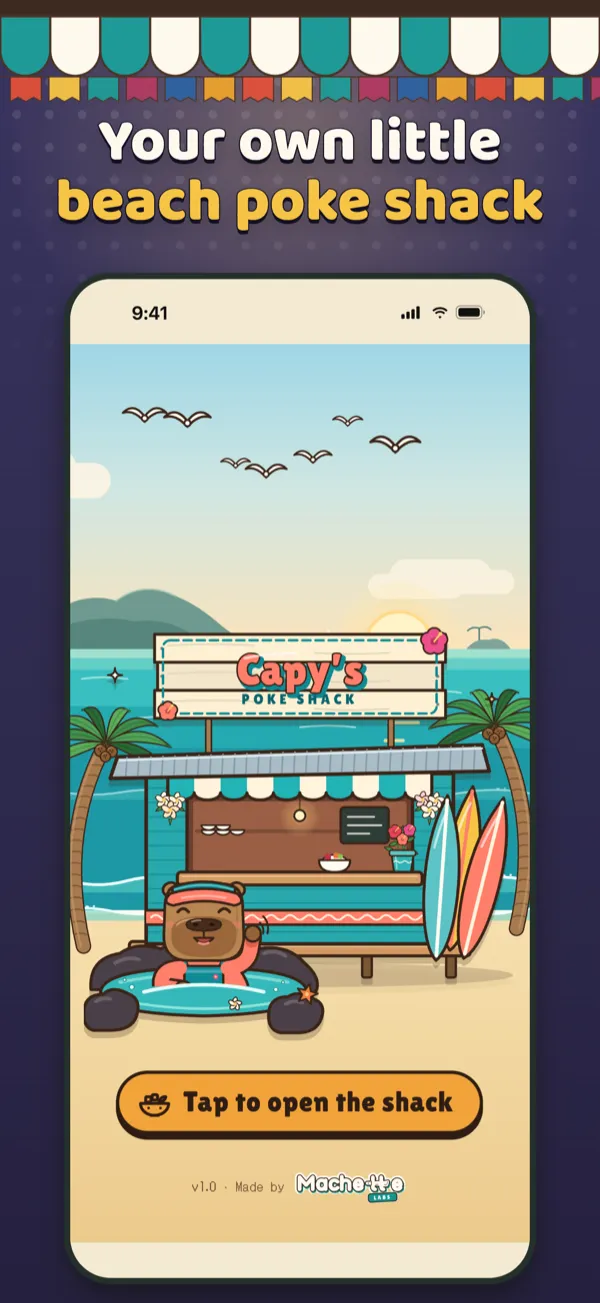 Capy’s Poke Shack App Store screenshot: Your own little beach poke shack