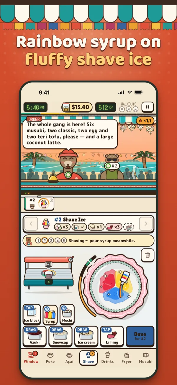 Capy’s Poke Shack App Store screenshot: Rainbow syrup on fluffy shave ice