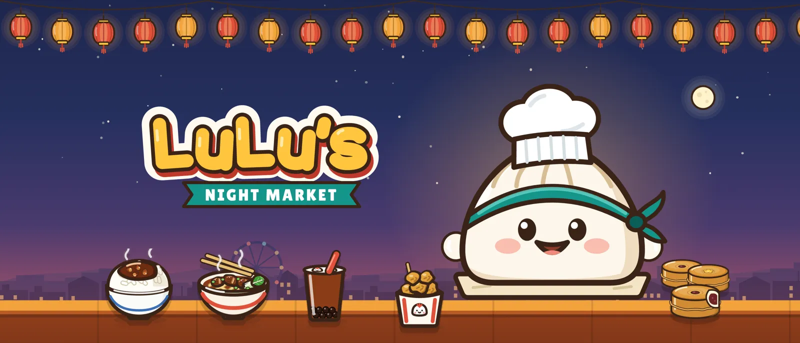 The LuLu’s header art: LuLu, a smiling bao bun in a chef’s hat, at the night-market counter with rice, noodles, bubble tea, popcorn chicken and wheel cakes.