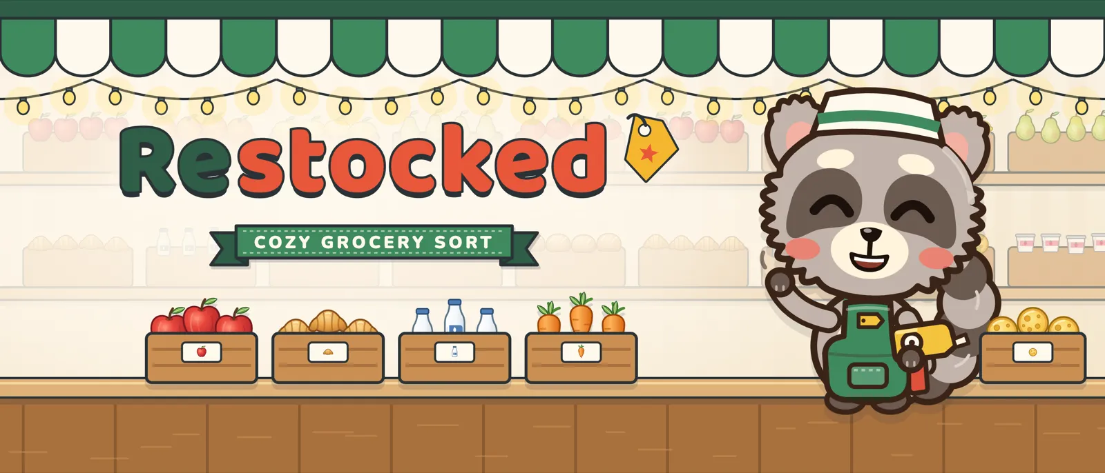 The Restocked header art: Reggie the raccoon in a green apron beside crates of apples, croissants, milk and carrots.