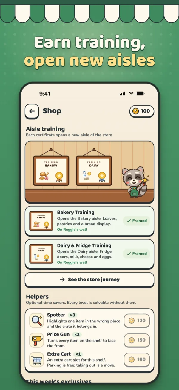 Restocked App Store screenshot: Earn training, open new aisles