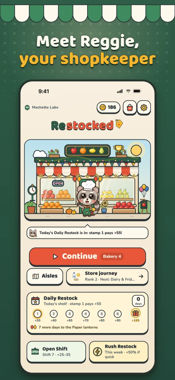 Restocked App Store screenshot: Meet Reggie, your shopkeeper