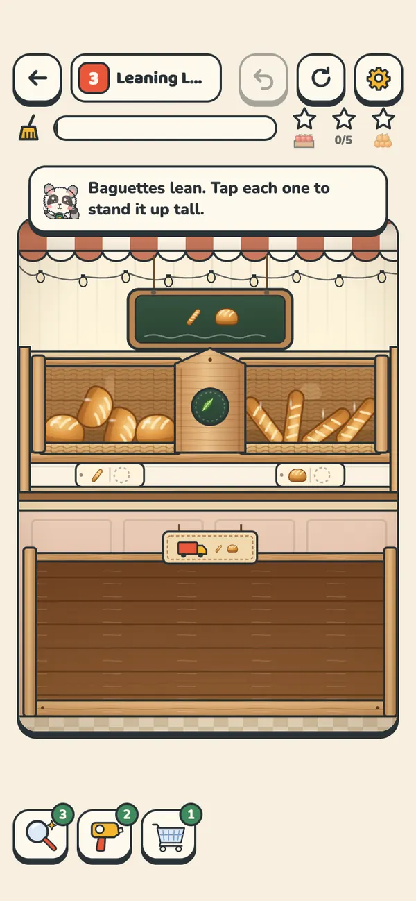 Bakery shelf 13: loaves and baguettes on wooden shelves, with a note from Reggie that baguettes lean and need standing up.