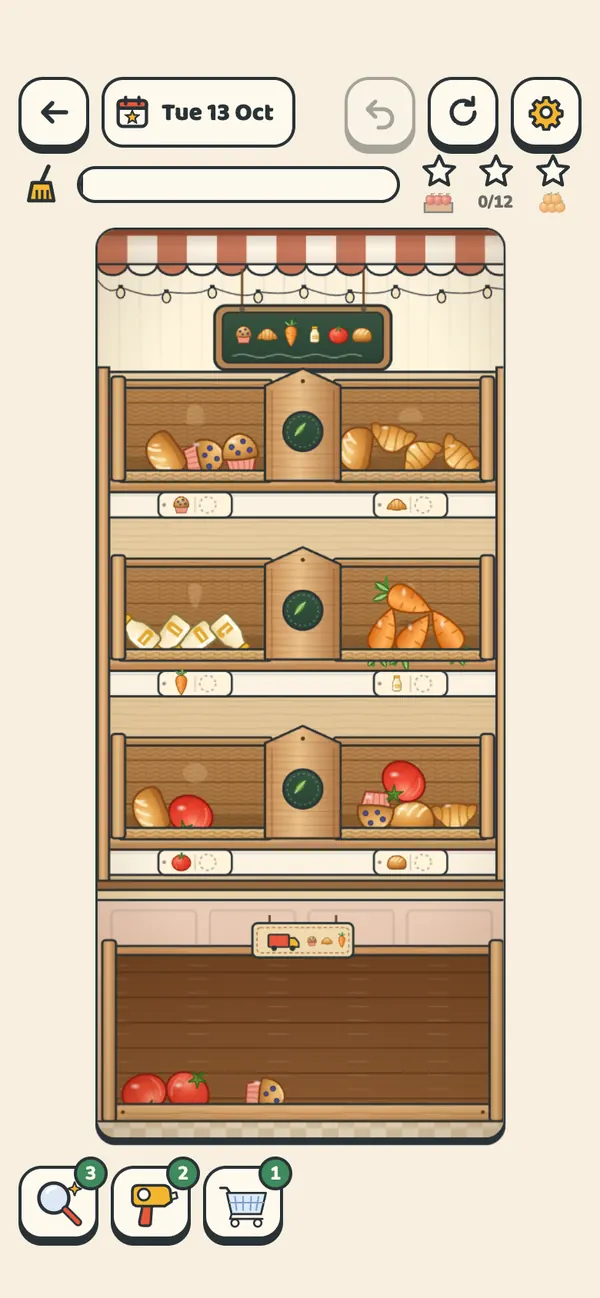 The Daily Restock: a new shelf of fruit, vegetables, bread and cheese for today.