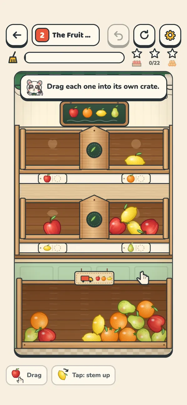 Produce shelf 2, The Fruit Stand: wooden shelves of apples, lemons, pears and oranges, with a crate for each kind of fruit.