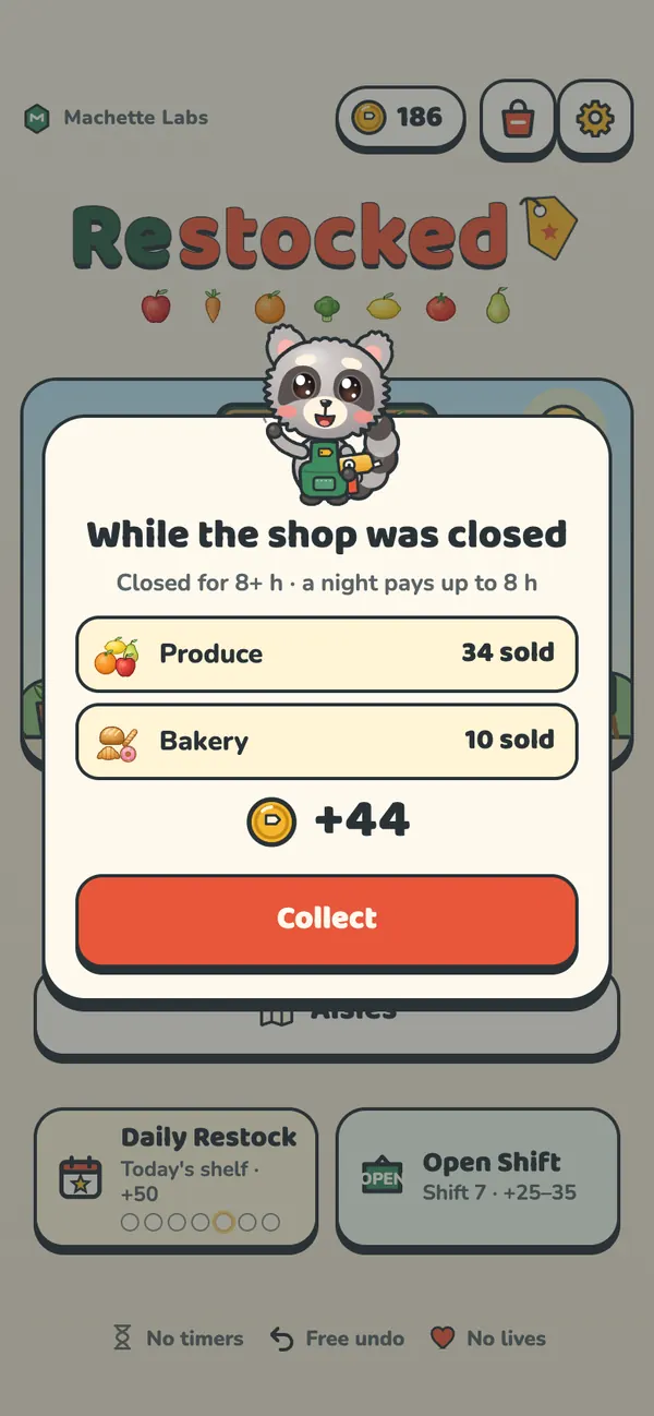 The overnight tally: Reggie in his green apron shows what sold in Produce and the Bakery while the shop was closed, with 44 coins to collect.