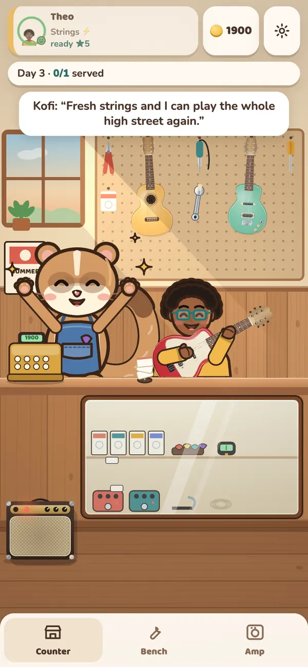 The shop counter on day 3: Fret the ferret cheers as a customer named Theo plays his freshly strung guitar, with guitars hanging on the pegboard behind.